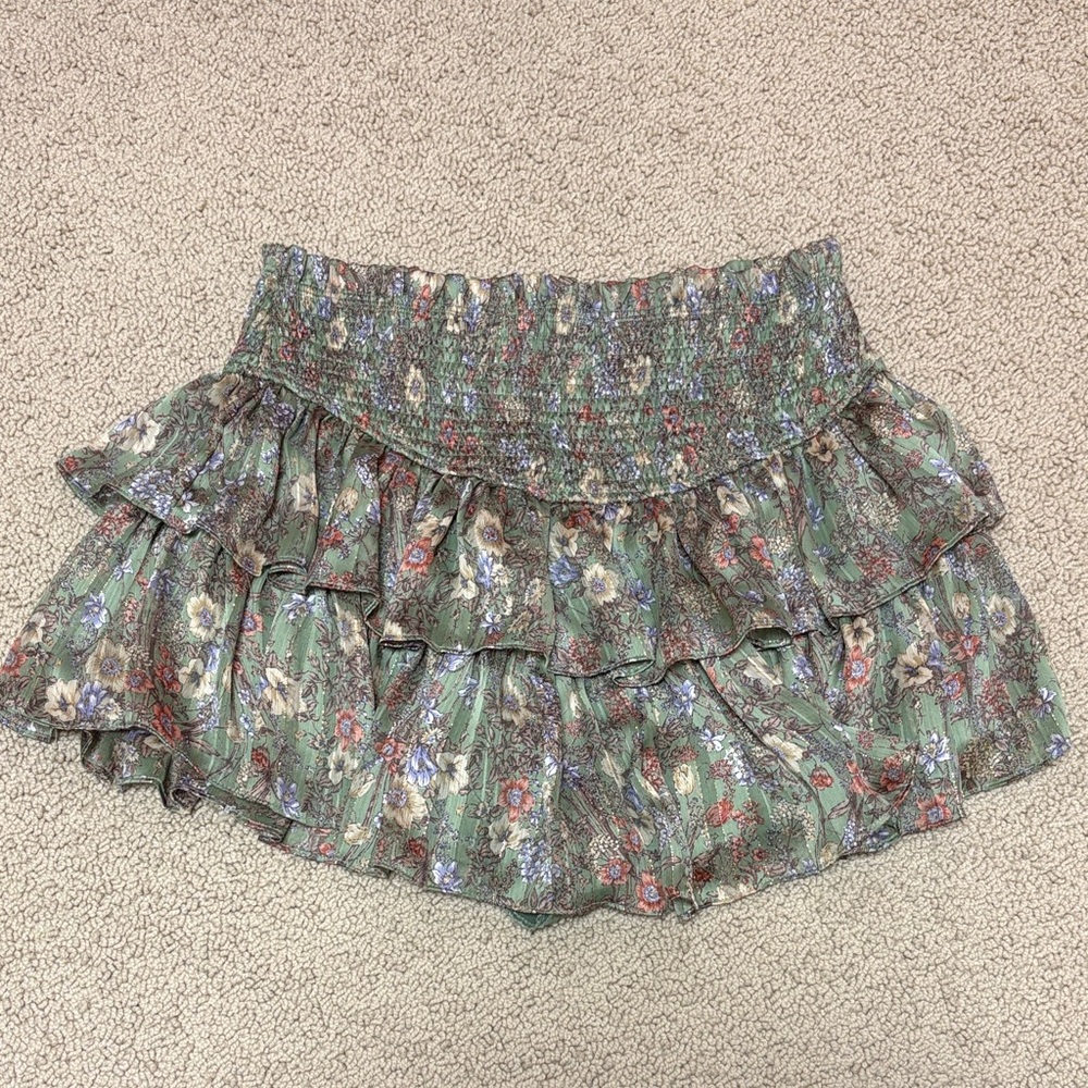 Mustard Seed Green Floral Tiered Mini Skirt